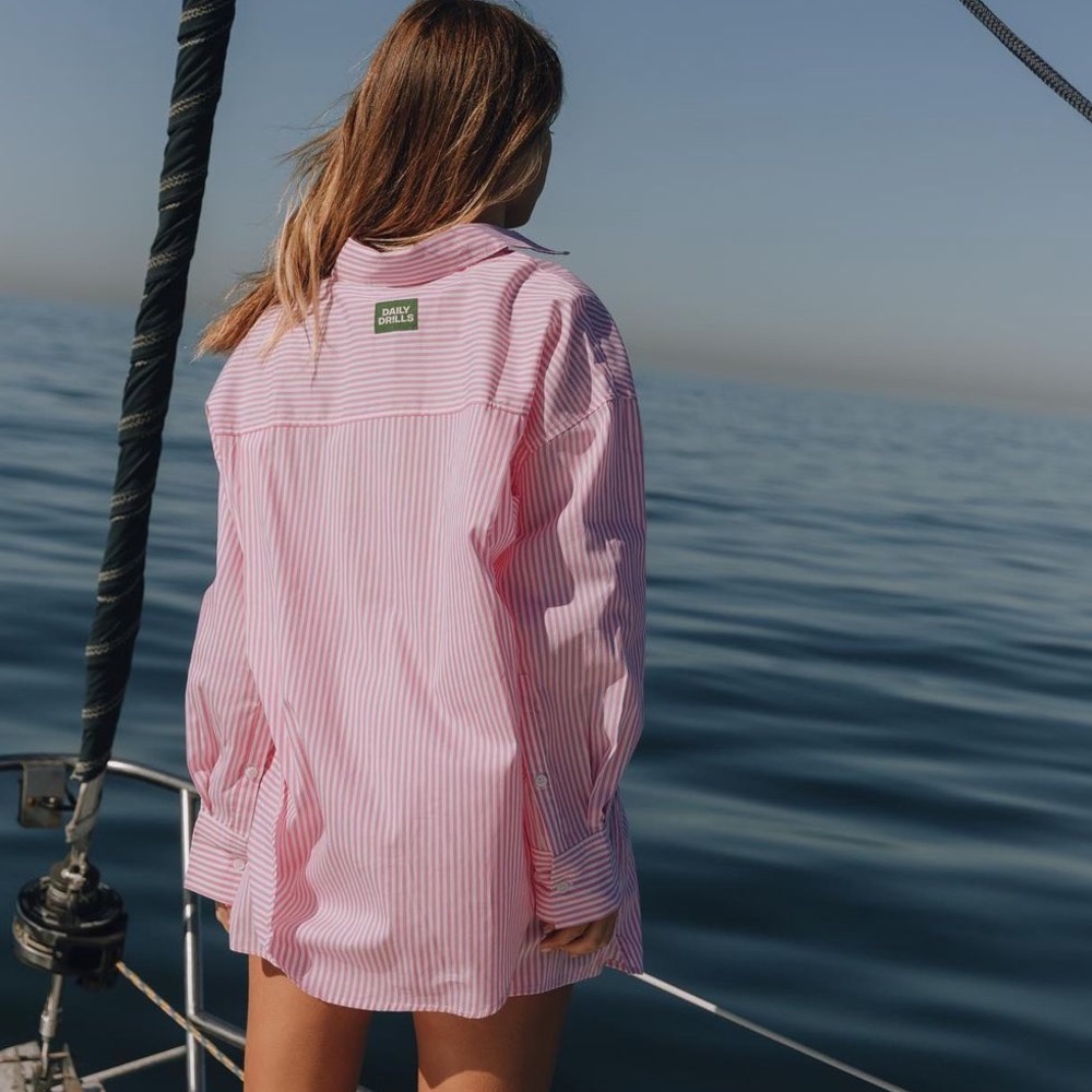 Daily drills oversized button down in pink and white stripe poplin